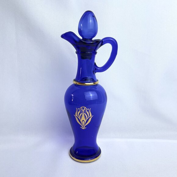 Avon Vintage Cobalt Blue Pitcher & Stopper Gold Accents Genie Bottle Cruet 1970s - Picture 1 of 7